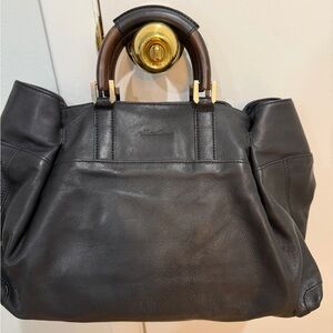 Kenneth Cole Black Leather Tote with Wood Top Handles